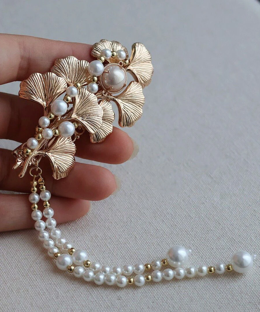 Classy Yellow Alloy Pearl Ginkgo Leaf Tassel A Pair Hairpin - Image 2
