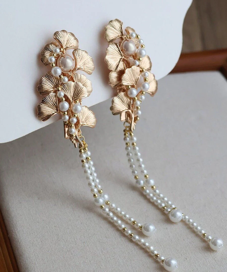 Classy Yellow Alloy Pearl Ginkgo Leaf Tassel A Pair Hairpin - Image 3