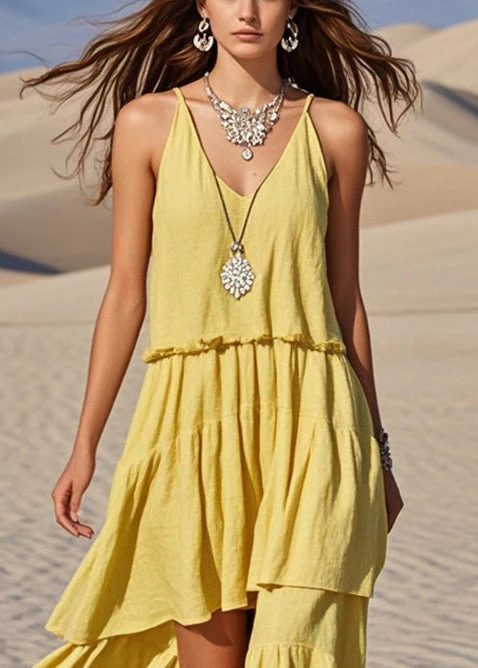 Classy Yellow Asymmetrical Cotton Sundress Summer - Image 2