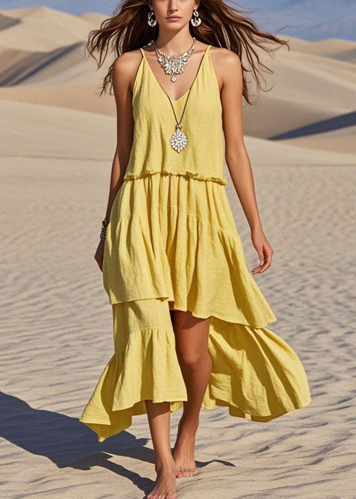 Classy Yellow Asymmetrical Cotton Sundress Summer - Image 3