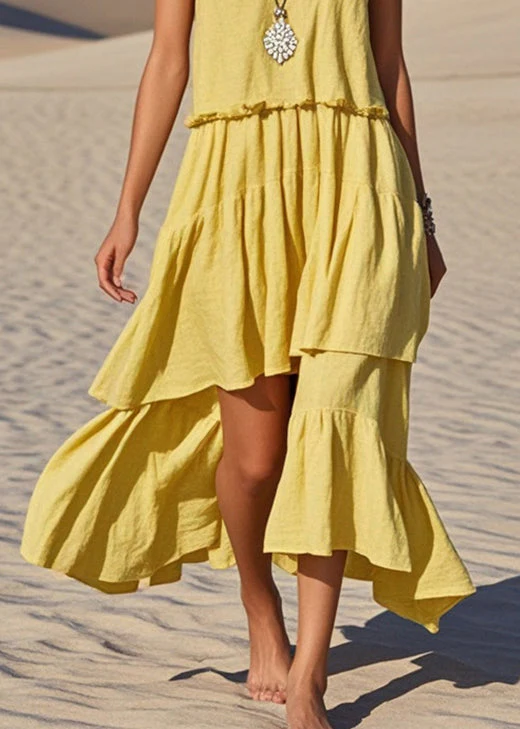 Classy Yellow Asymmetrical Cotton Sundress Summer - Image 4