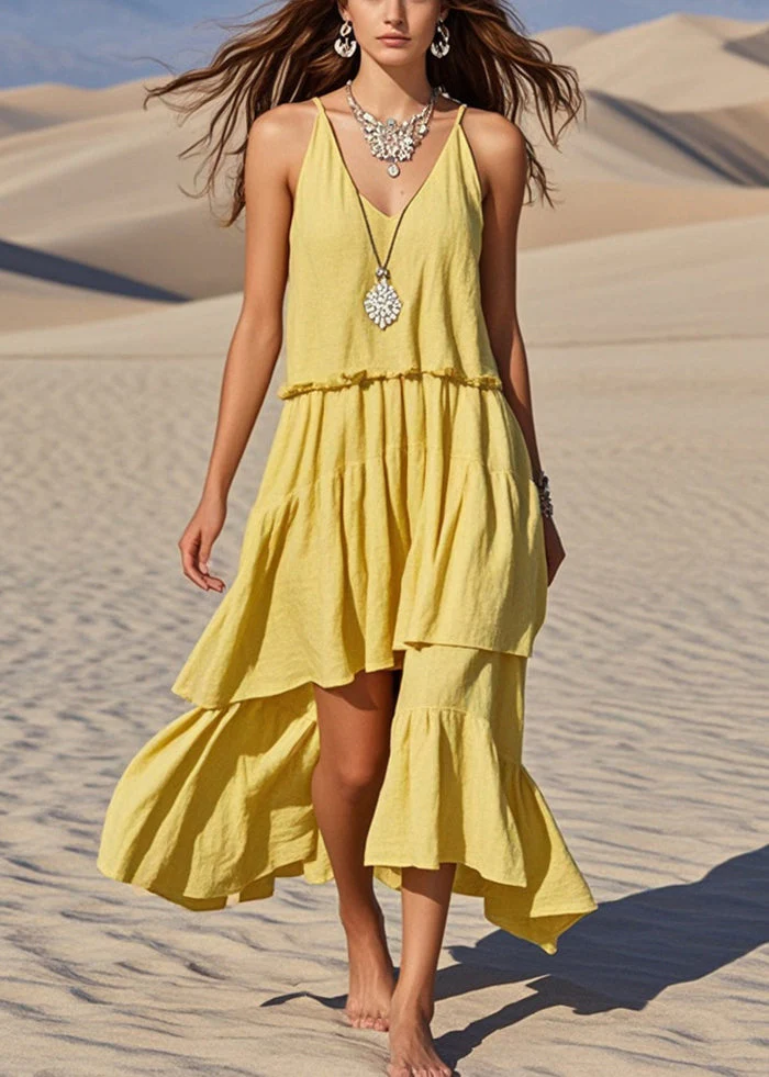 Classy Yellow Asymmetrical Cotton Sundress Summer - Image 5