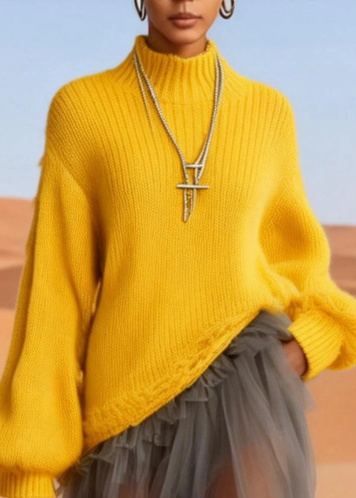 Classy Yellow Asymmetrical Patchwork Tulle Sweater Dress Winter - Image 2