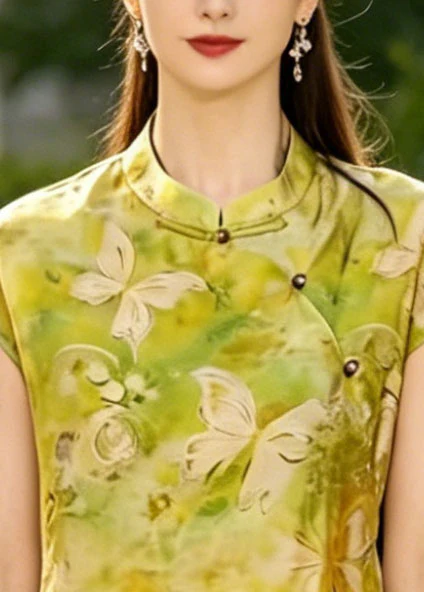 Classy Yellow Butterfly Print Chinese?Button Silk Vests Summer - Image 3