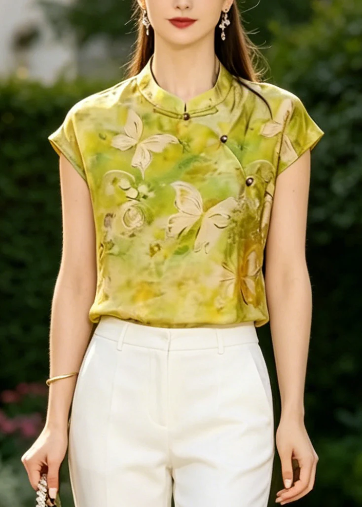 Classy Yellow Butterfly Print Chinese?Button Silk Vests Summer - Image 5