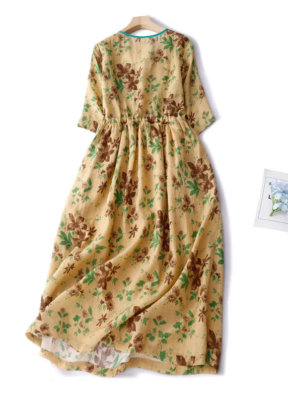 Classy Yellow Cinched Print Linen Vacation Dresses Summer - Image 2