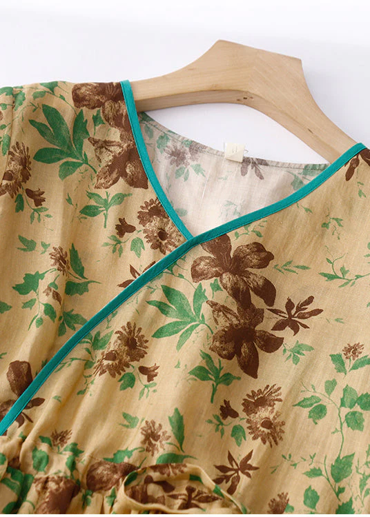 Classy Yellow Cinched Print Linen Vacation Dresses Summer - Image 3