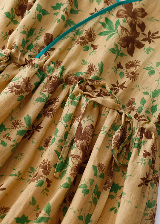 Classy Yellow Cinched Print Linen Vacation Dresses Summer - Image 4