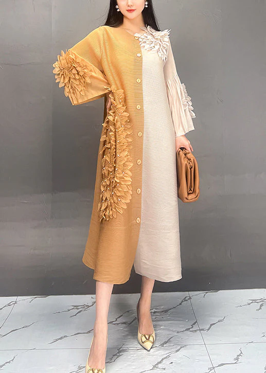 Classy Yellow Floral Button Patchwork Silk Dress Fall - Image 3