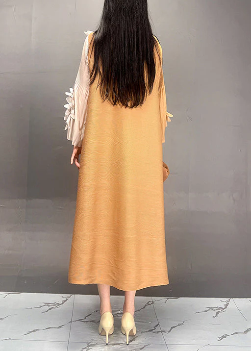 Classy Yellow Floral Button Patchwork Silk Dress Fall - Image 5