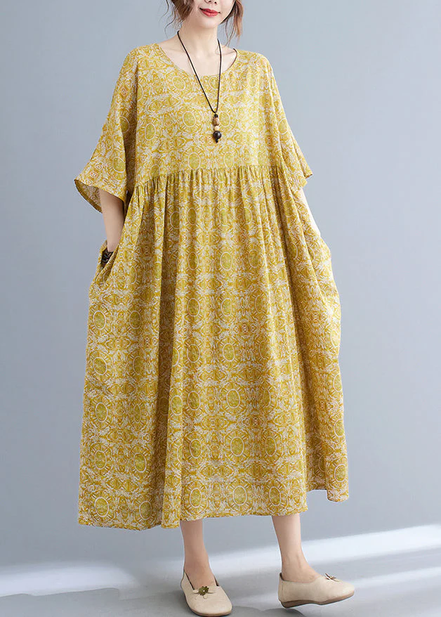 Classy Yellow Patchwork Wrinkled Maxi Dress Half Sleeve - Image 2