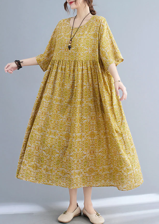 Classy Yellow Patchwork Wrinkled Maxi Dress Half Sleeve - Image 3