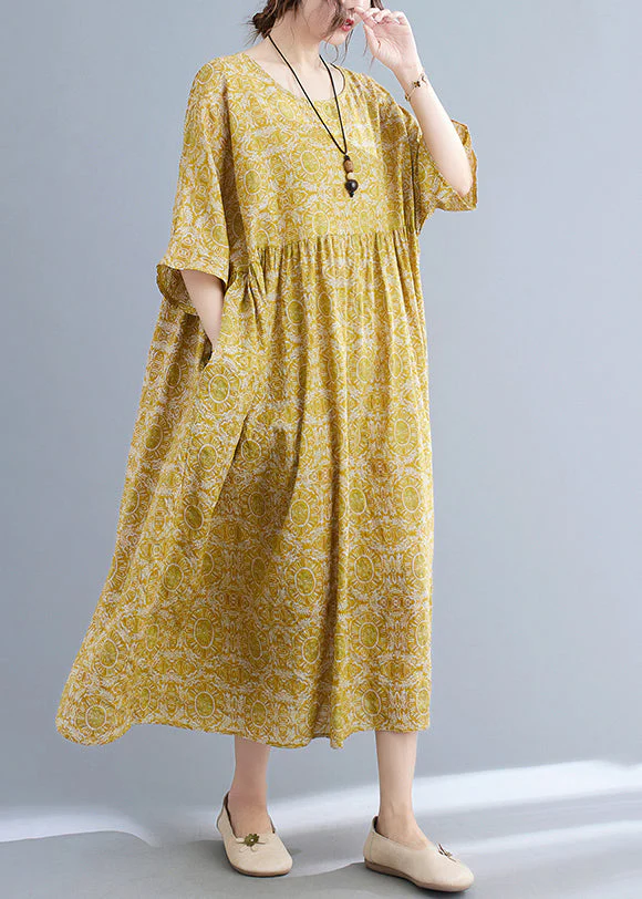Classy Yellow Patchwork Wrinkled Maxi Dress Half Sleeve - Image 4