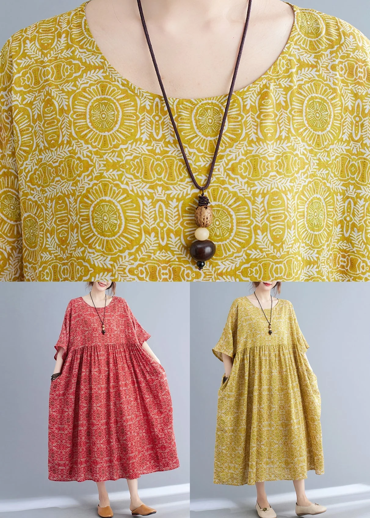 Classy Yellow Patchwork Wrinkled Maxi Dress Half Sleeve - Image 5