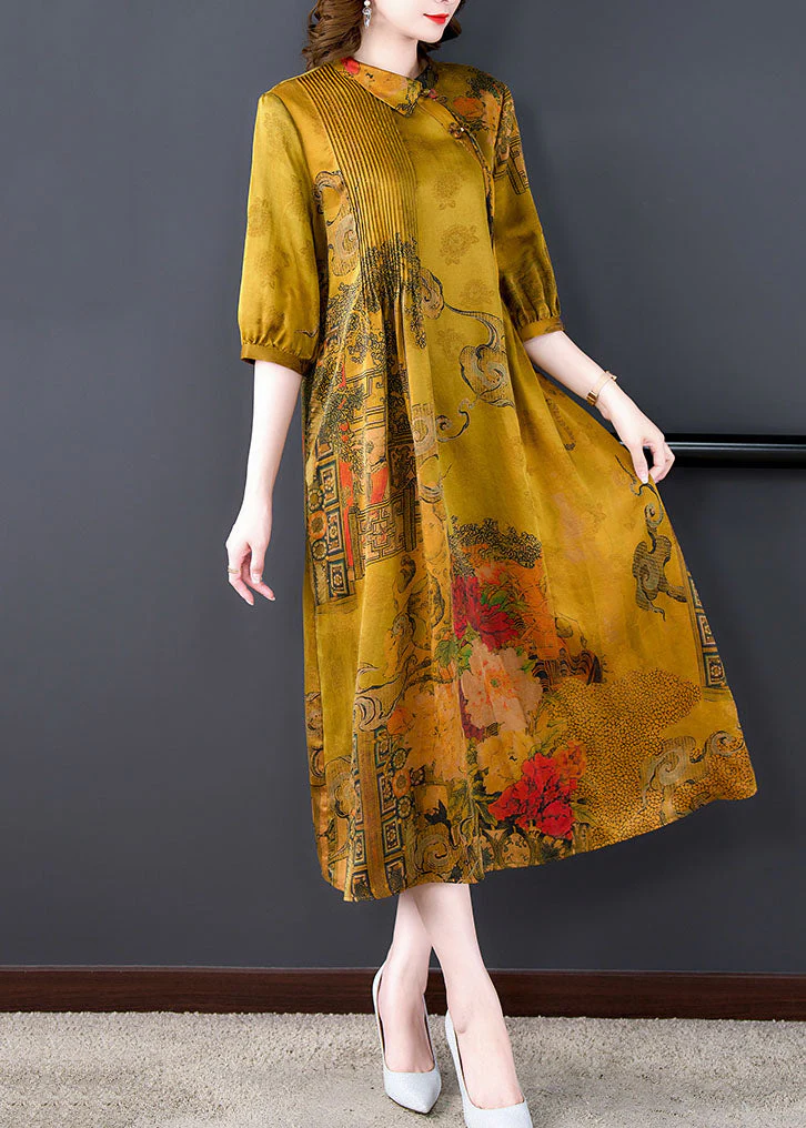 Classy Yellow Peter Pan Collar Print Wrinkled Patchwork Silk Dresses Summer - Image 3