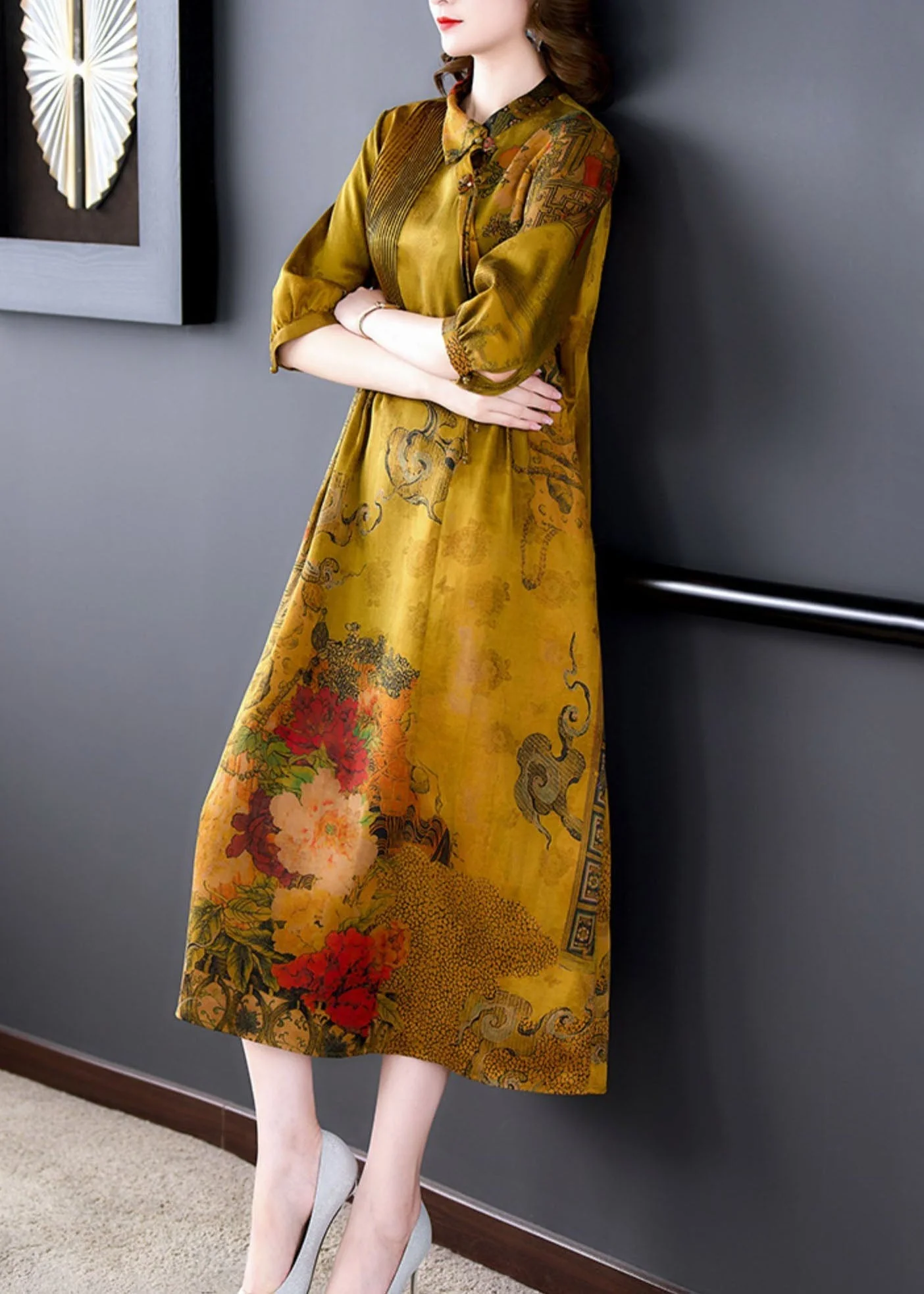 Classy Yellow Peter Pan Collar Print Wrinkled Patchwork Silk Dresses Summer - Image 4