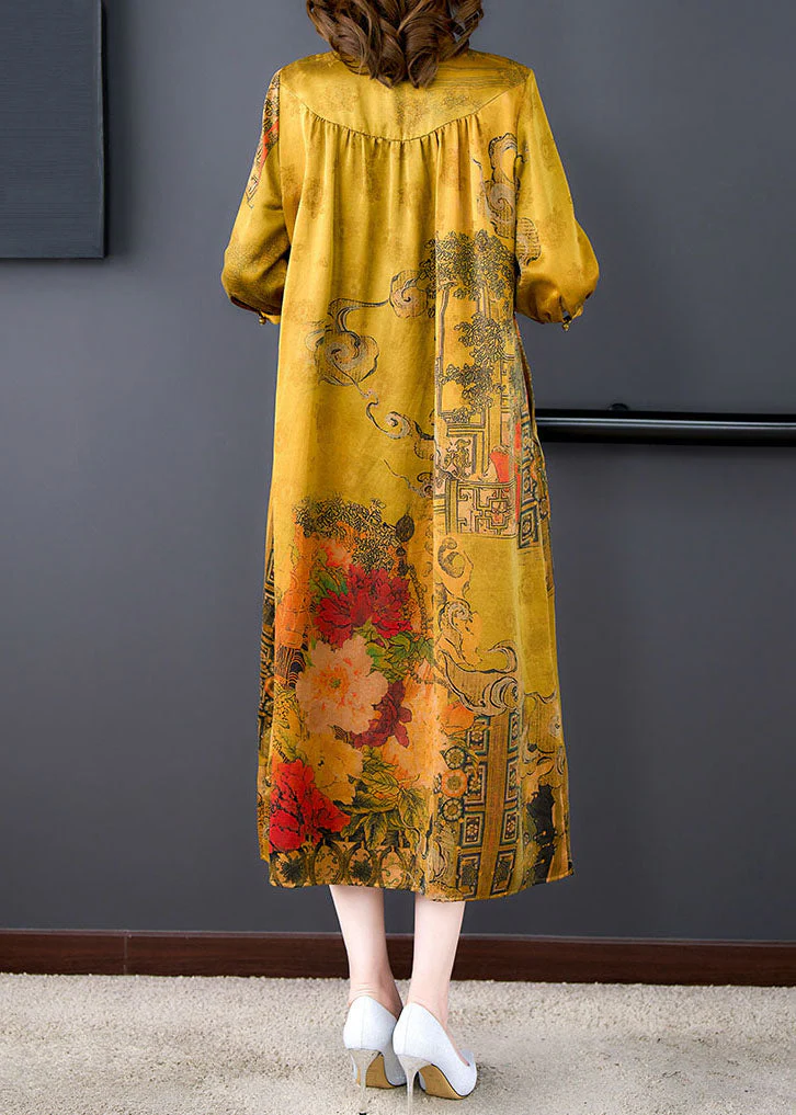Classy Yellow Peter Pan Collar Print Wrinkled Patchwork Silk Dresses Summer - Image 5