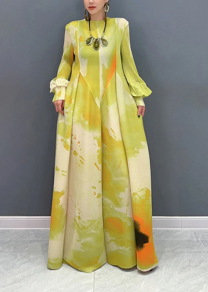 Classy Yellow Print Patchwork Chiffon Long Dress Puff Sleeve - Image 2