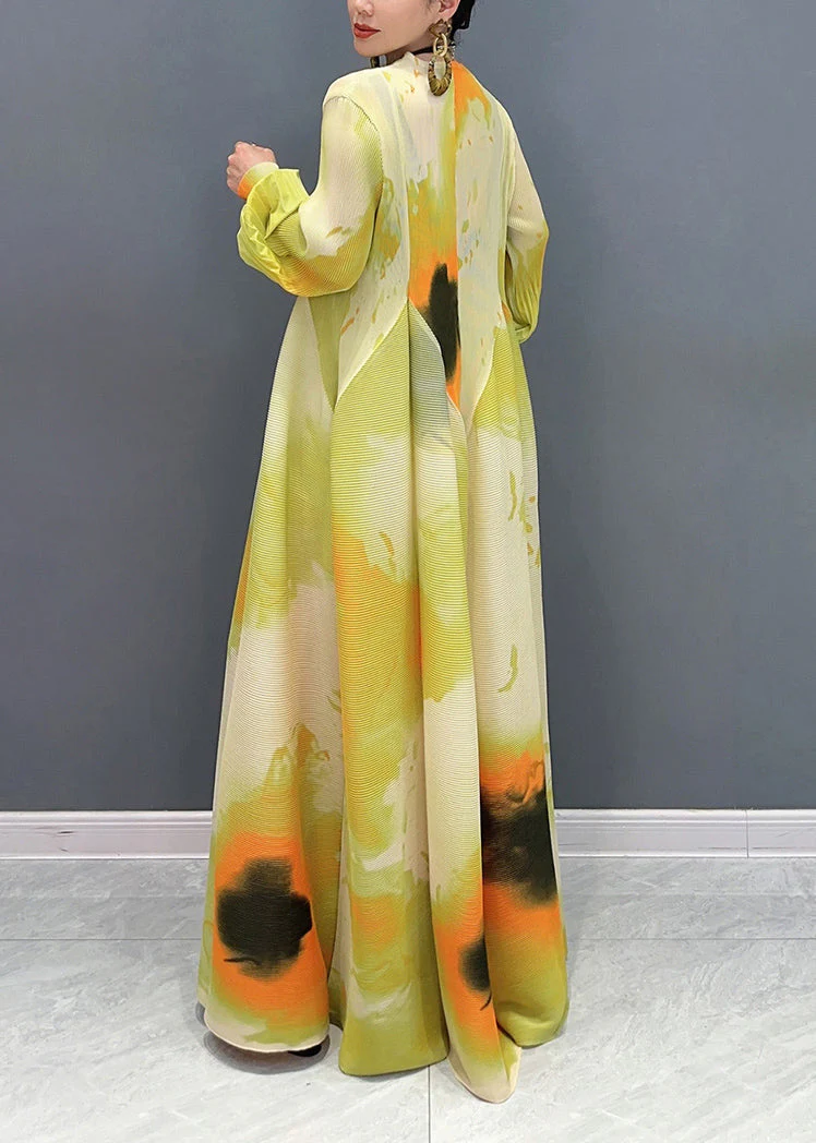 Classy Yellow Print Patchwork Chiffon Long Dress Puff Sleeve - Image 4
