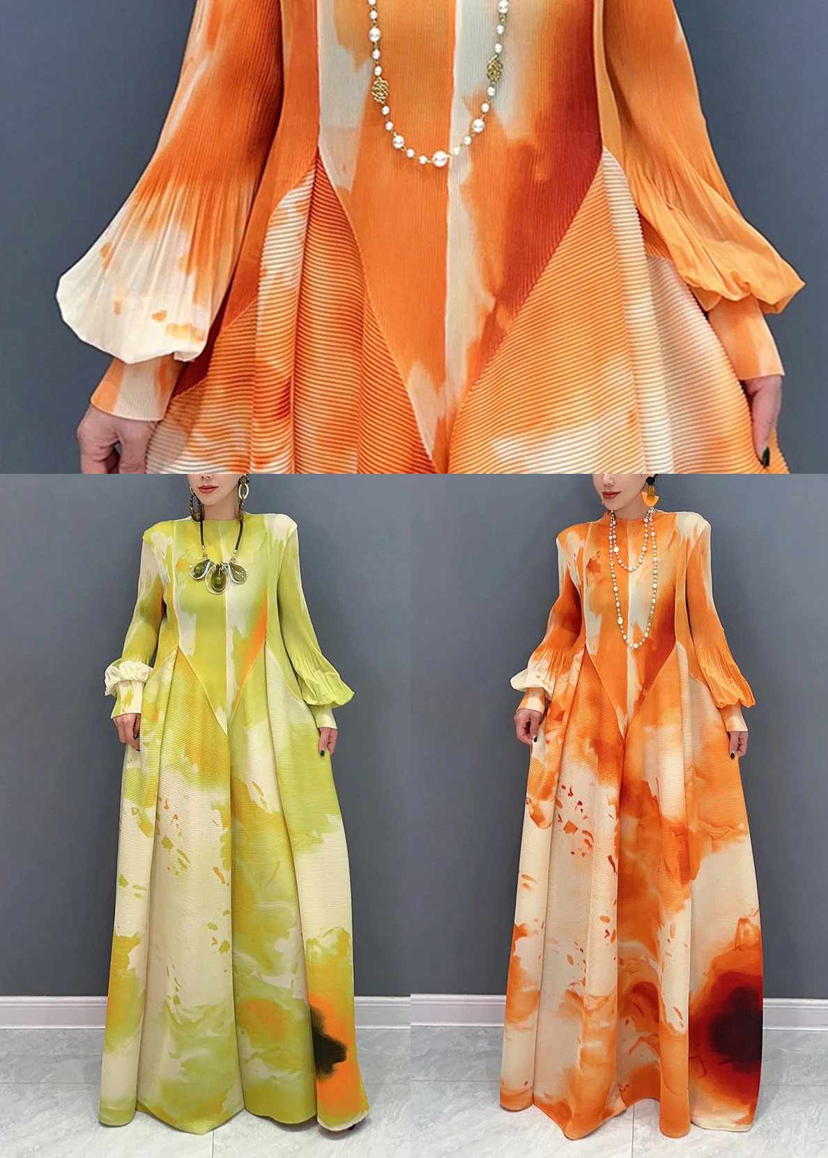 Classy Yellow Print Patchwork Chiffon Long Dress Puff Sleeve - Image 5