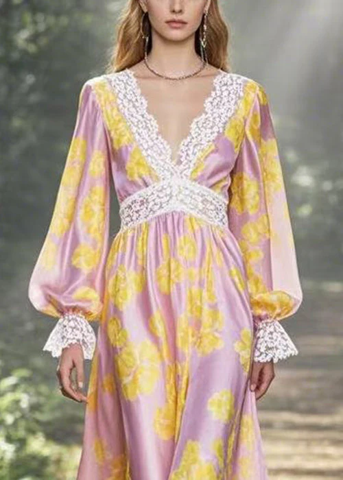 Classy Yellow Print Patchwork Silk Maxi Dresses Flare Sleeve - Image 2
