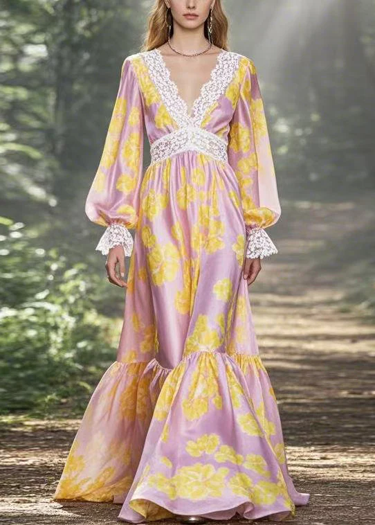 Classy Yellow Print Patchwork Silk Maxi Dresses Flare Sleeve - Image 3