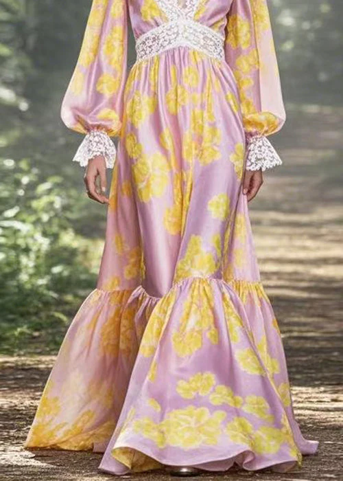 Classy Yellow Print Patchwork Silk Maxi Dresses Flare Sleeve - Image 4