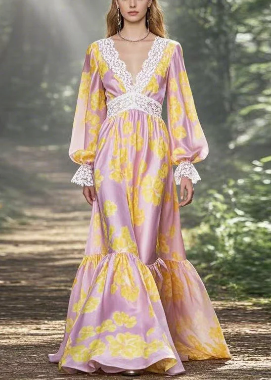 Classy Yellow Print Patchwork Silk Maxi Dresses Flare Sleeve - Image 5