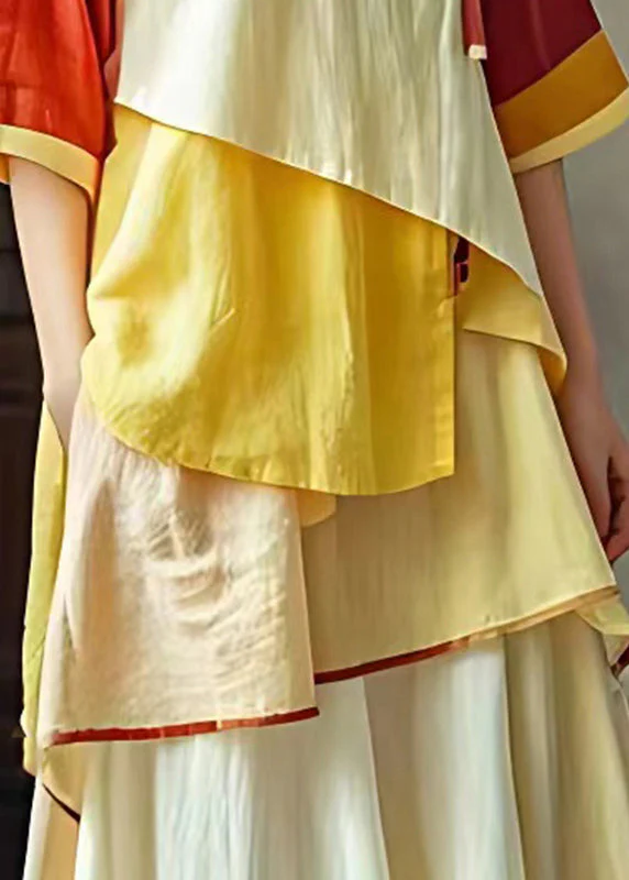 Classy Yellow Stand Collar Print Button Long Dress Summer - Image 4