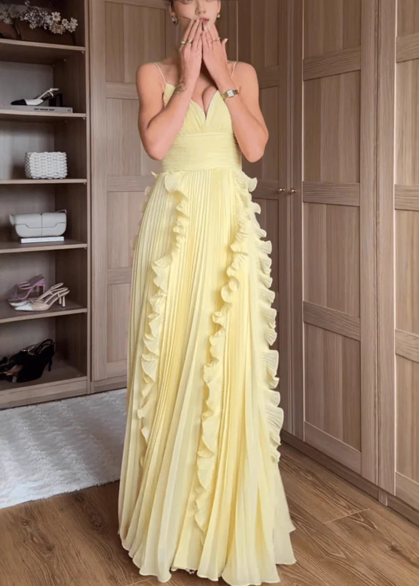 Classy Yellow V Neck Ruffled High Waist Chiffon Spaghetti Strap Dress Sleeveless - Image 2