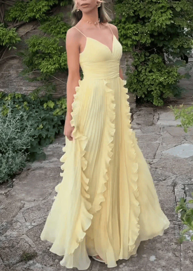 Classy Yellow V Neck Ruffled High Waist Chiffon Spaghetti Strap Dress Sleeveless - Image 3