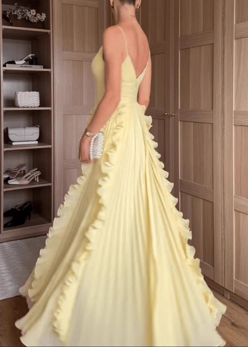 Classy Yellow V Neck Ruffled High Waist Chiffon Spaghetti Strap Dress Sleeveless - Image 4