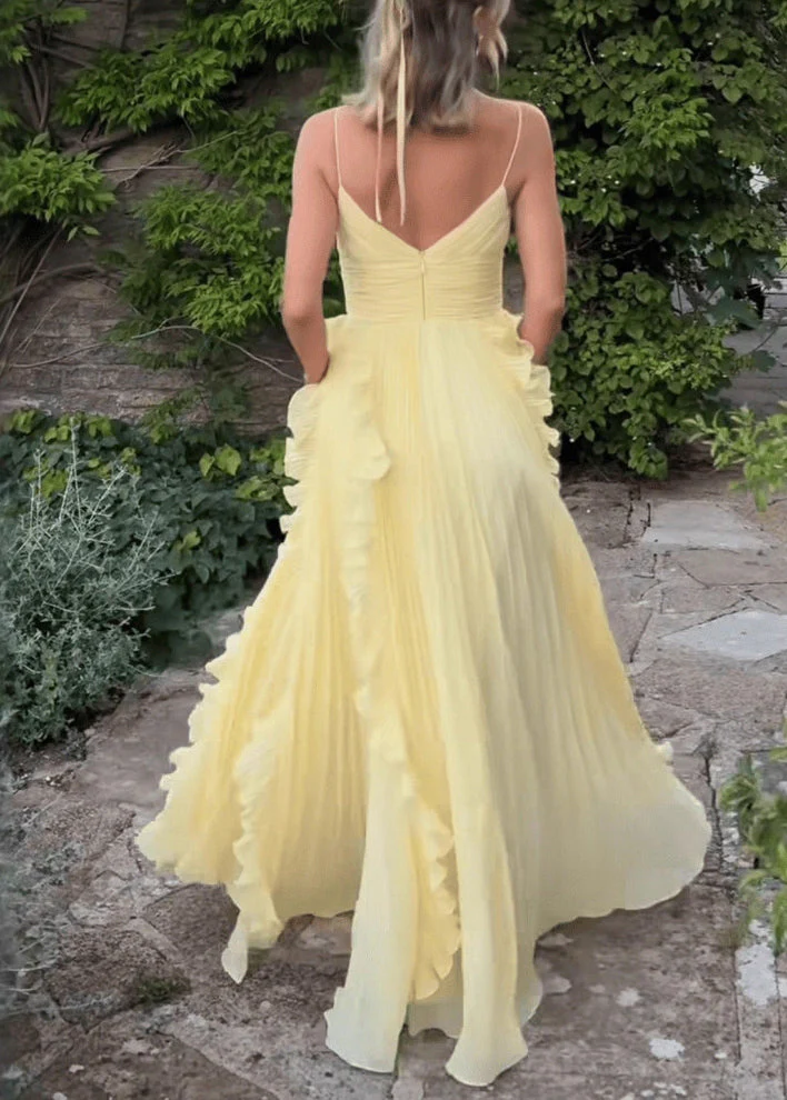 Classy Yellow V Neck Ruffled High Waist Chiffon Spaghetti Strap Dress Sleeveless - Image 5