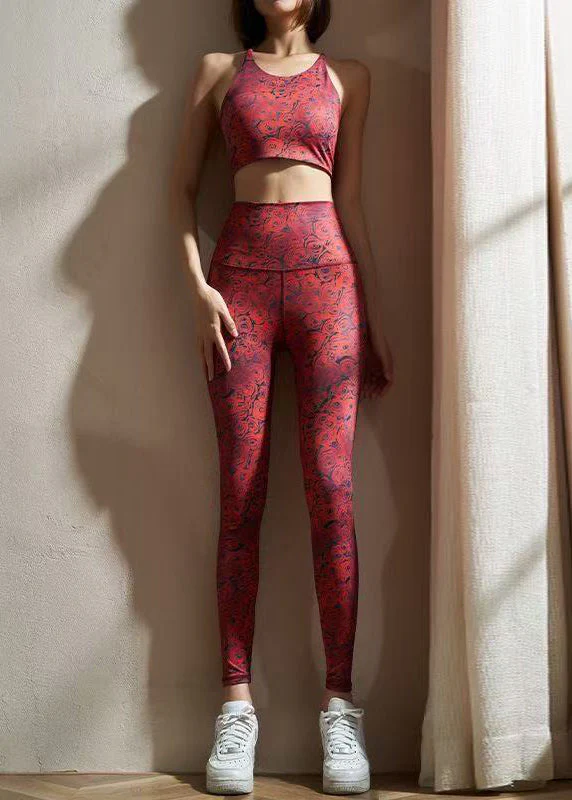 Club Red Print Silm Fit Summer Sports Bra And Leggings Set Suit - Image 4