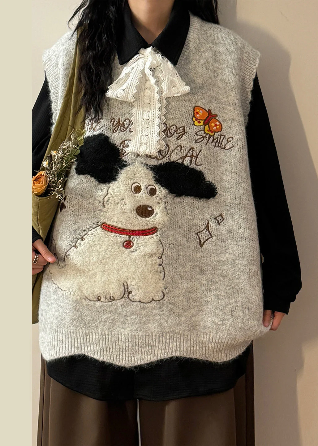 Coffee Animal Letter Knit Vest V Neck Sleeveless - Image 3