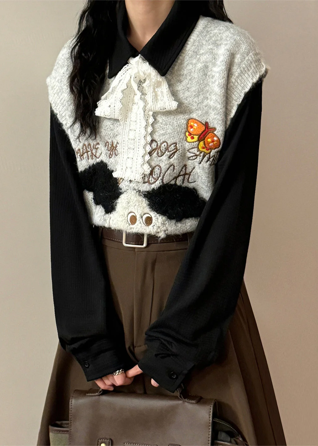 Coffee Animal Letter Knit Vest V Neck Sleeveless - Image 4