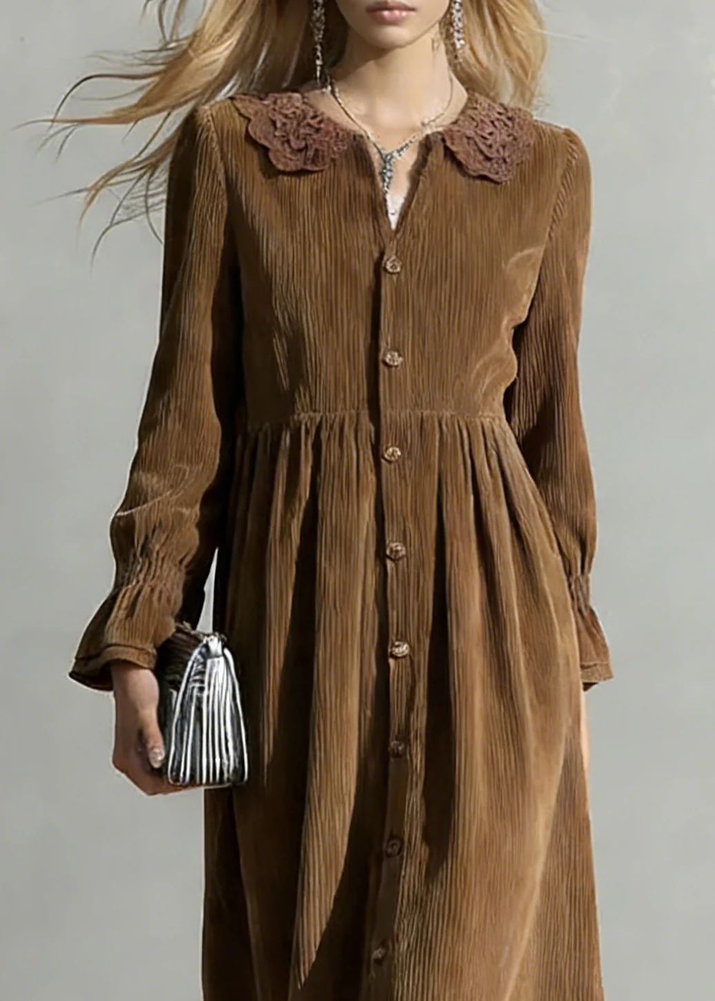 Coffee Button Solid Oversized Corduroy Shirts Dress Peter Pan Collar - Image 2