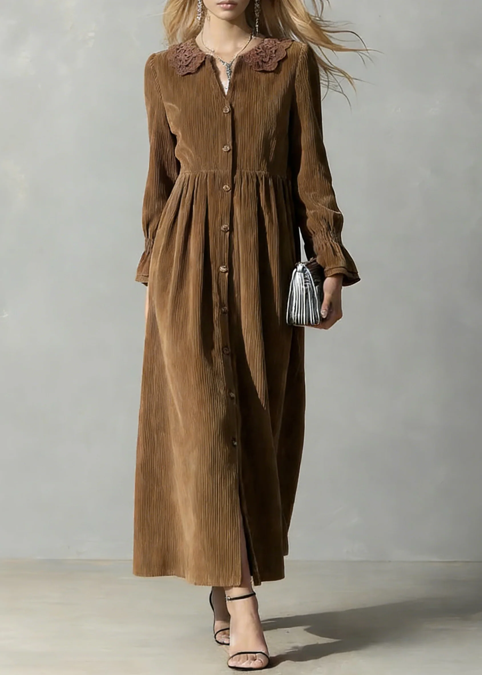 Coffee Button Solid Oversized Corduroy Shirts Dress Peter Pan Collar - Image 3