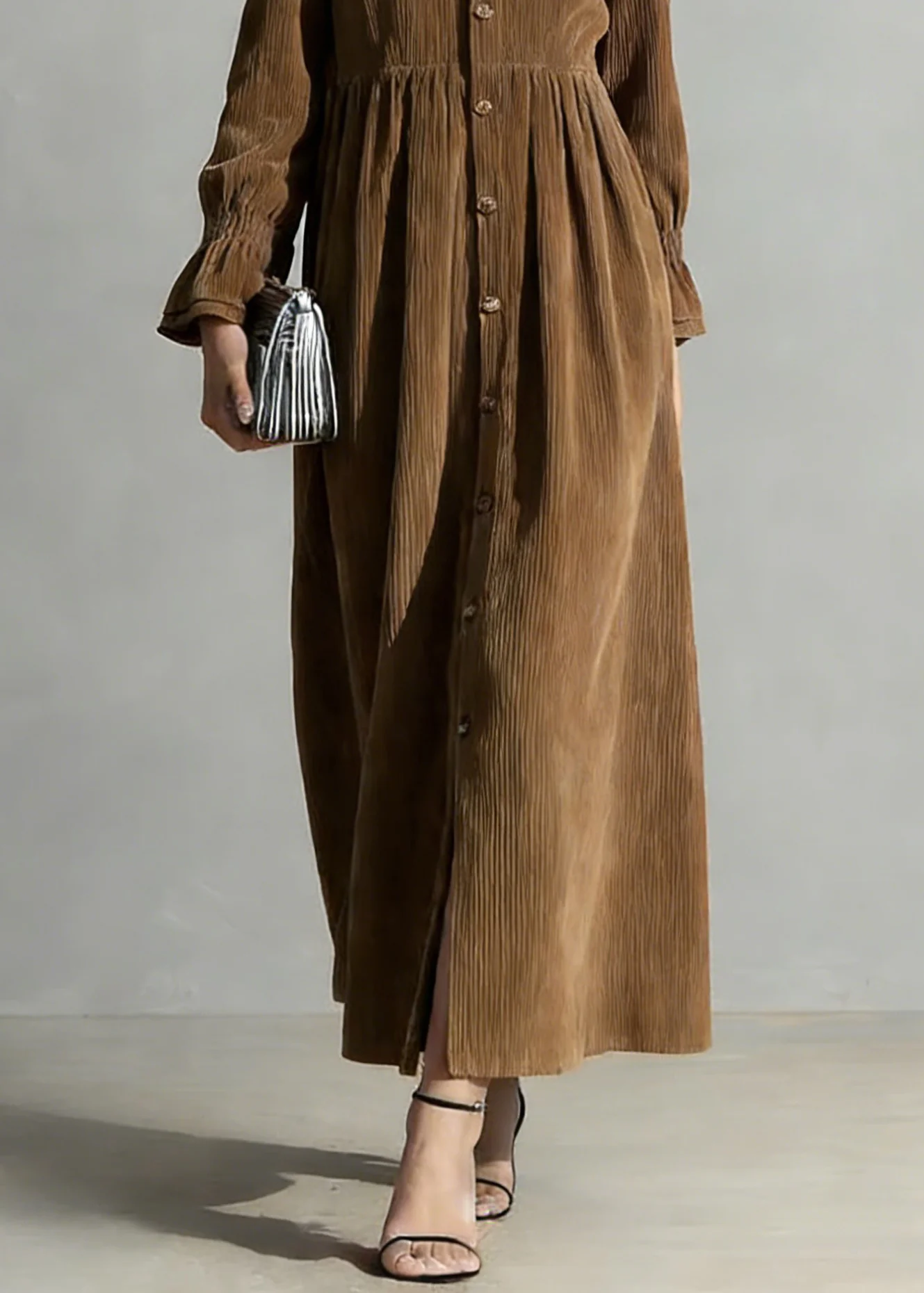 Coffee Button Solid Oversized Corduroy Shirts Dress Peter Pan Collar - Image 4