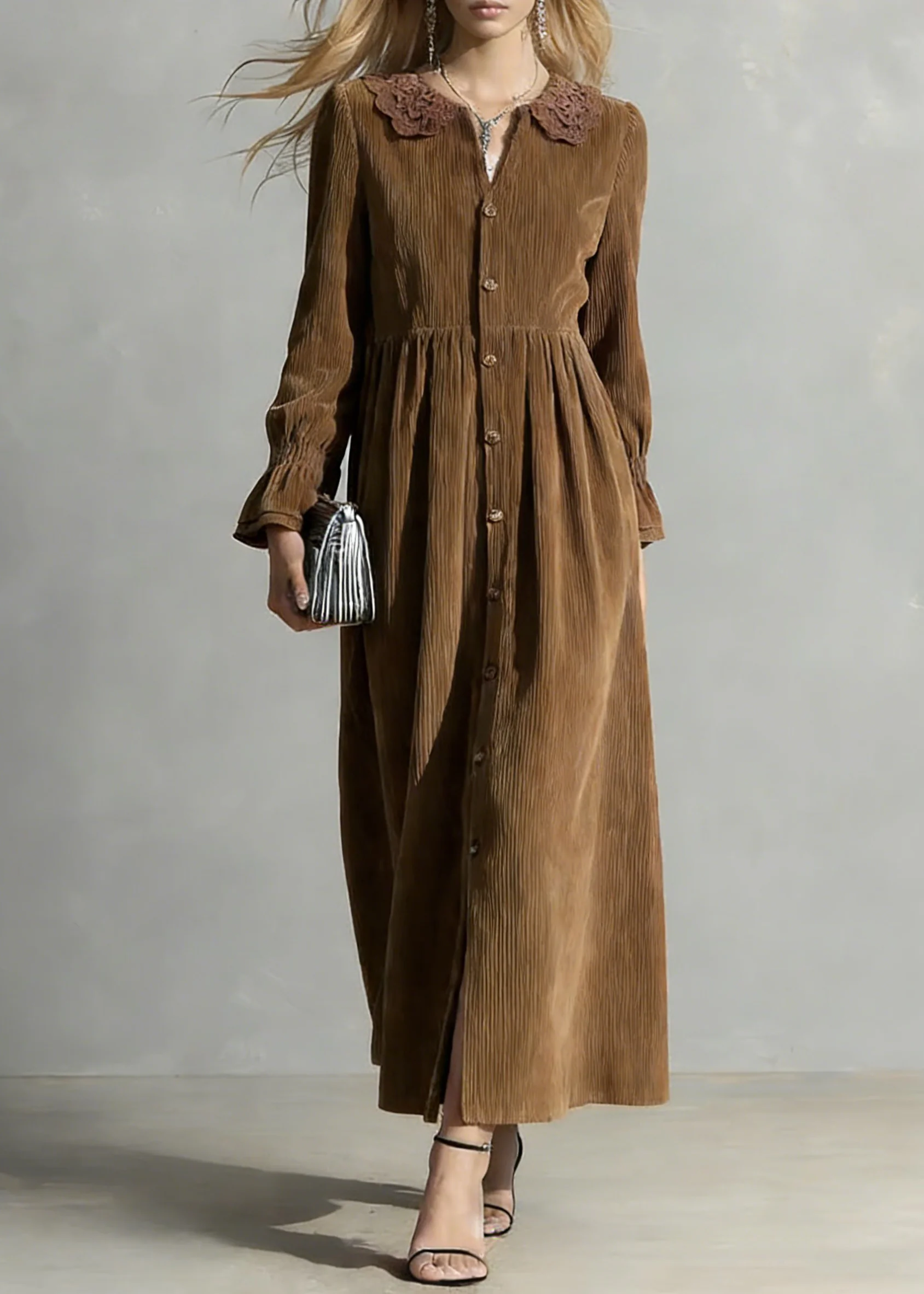 Coffee Button Solid Oversized Corduroy Shirts Dress Peter Pan Collar - Image 5
