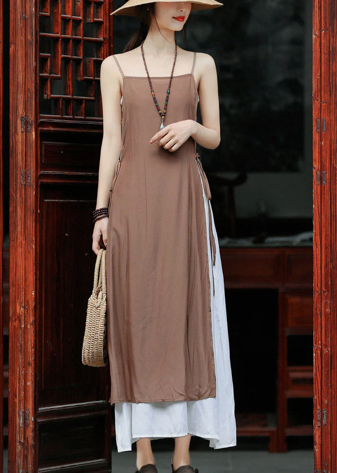 Chocolate Cotton Fake Two Piece Spaghetti Strap Beach Dresses Side Open Summer - Image 3