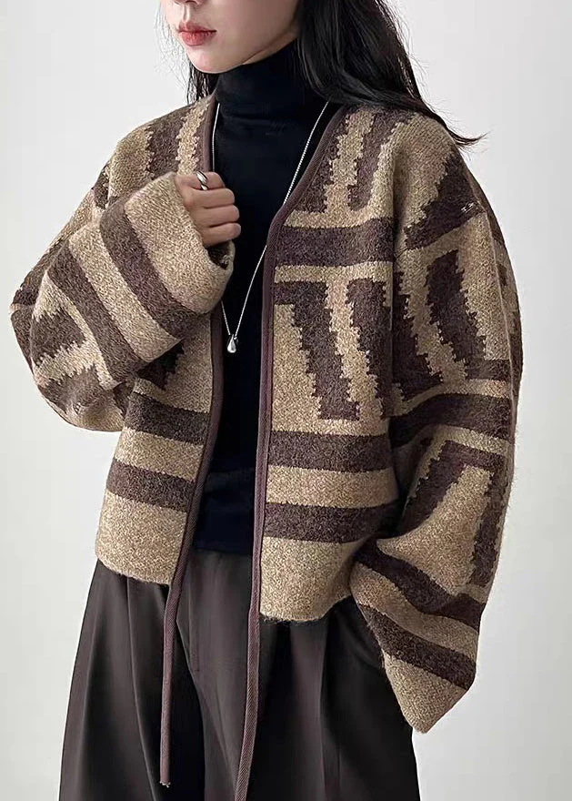 Coffee Cotton Knit Cardigan V Neck Long Sleeve - Image 3