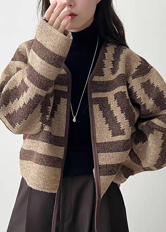 Coffee Cotton Knit Cardigan V Neck Long Sleeve - Image 4