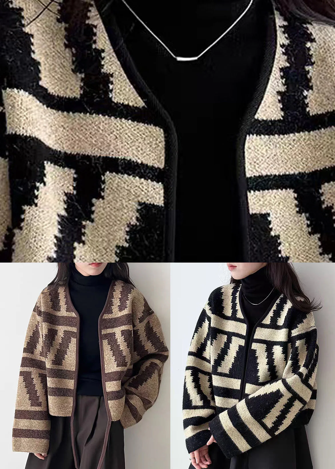 Coffee Cotton Knit Cardigan V Neck Long Sleeve - Image 5