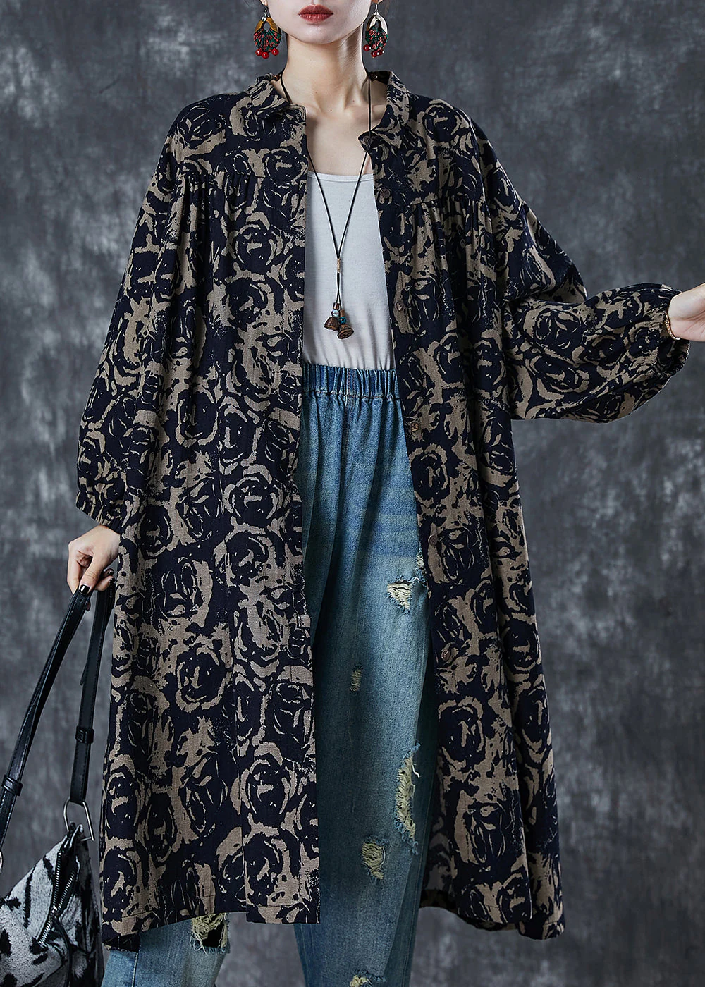 Coffee Floral Print Cotton Shirt Dress Oversized Spring