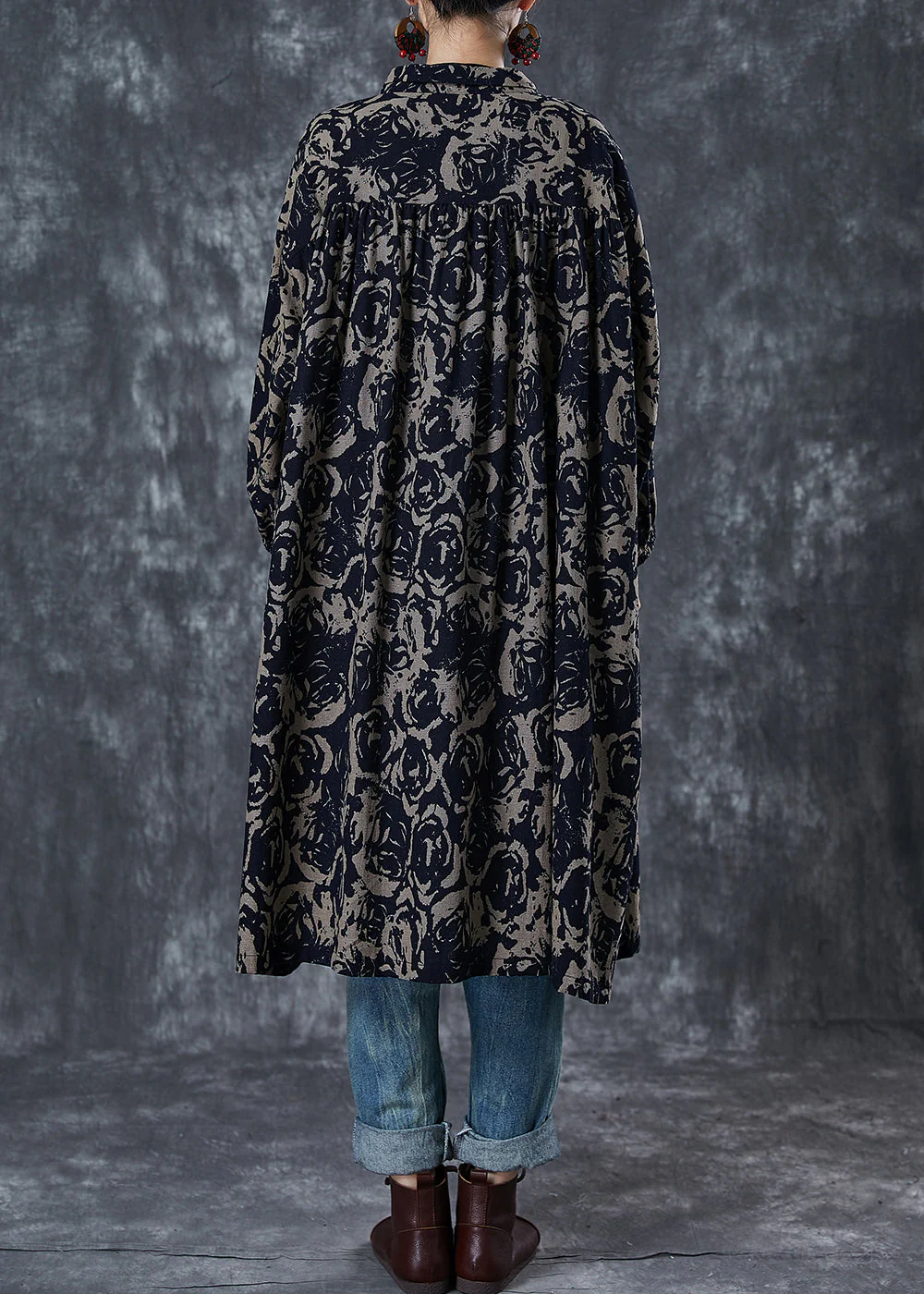 Coffee Floral Print Cotton Shirt Dress Oversized Spring - Image 4