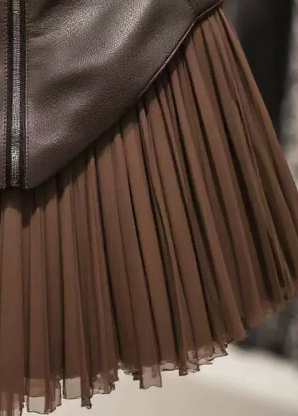 Coffee High Waist Tulle Patchwork Skirts Zippered Spring - Image 3