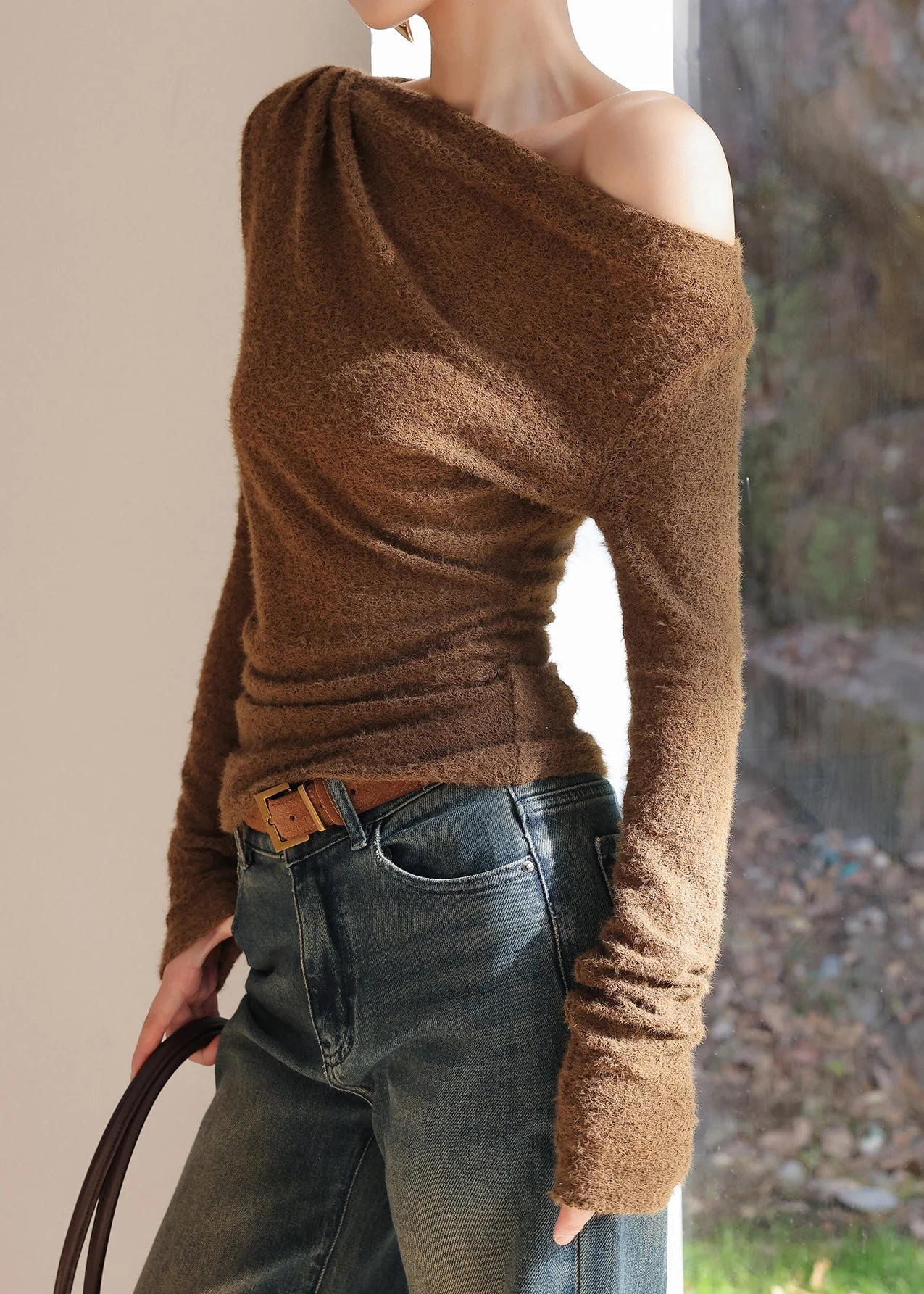 Coffee Hollow Out Knit T Shirts Long Sleeve - Image 4