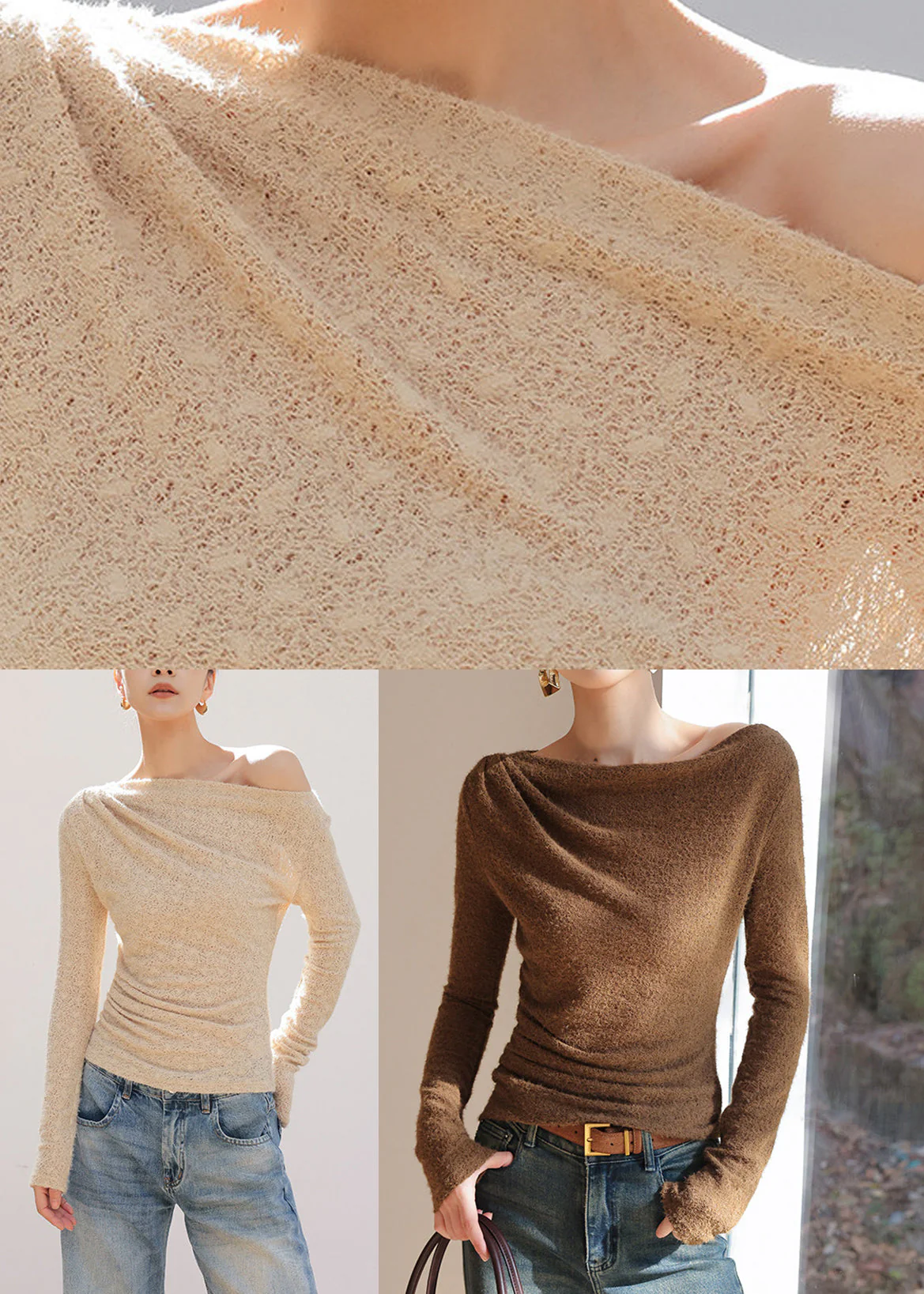 Coffee Hollow Out Knit T Shirts Long Sleeve - Image 5