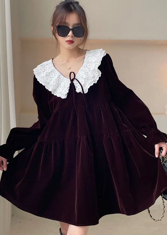 Chocolate Lace Peter Pan Collar Patchwork Velour Dress Winter - Image 2
